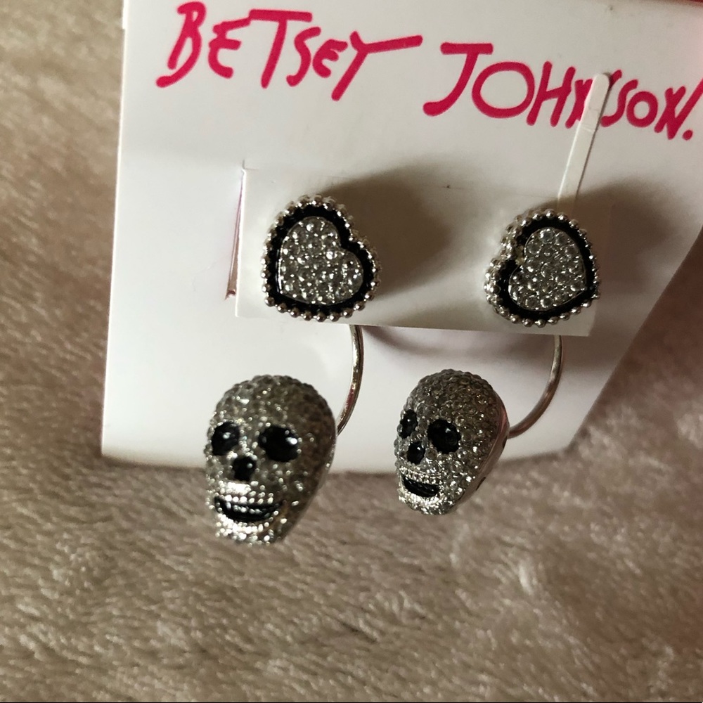 Betsey Johnson Silver Skull and Heart Earrings